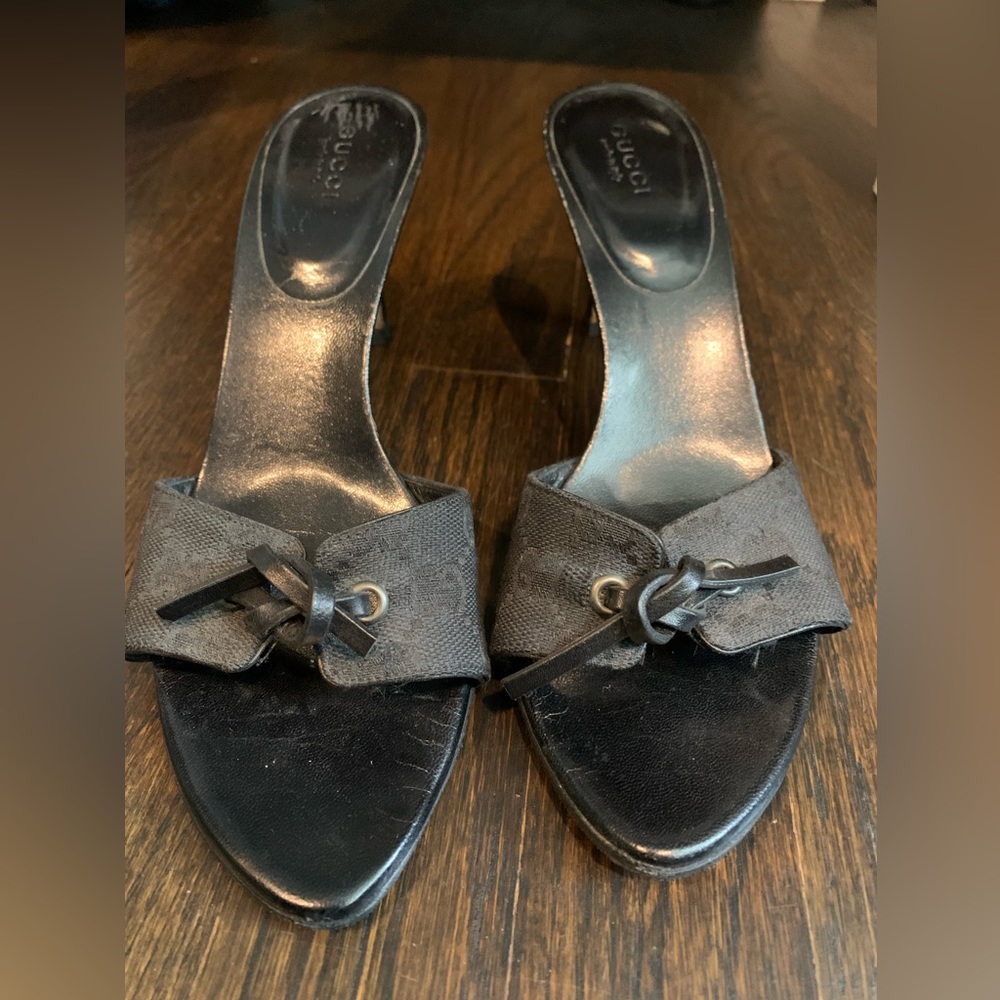 Gucci Black Monogrammed Canvas Heels/Mules Size 36.5